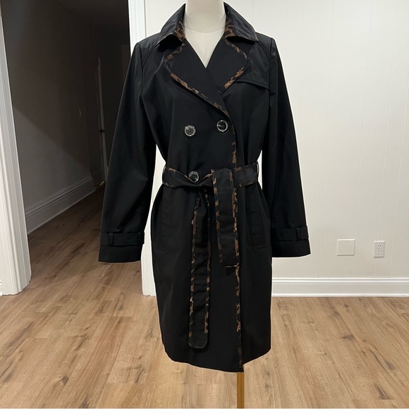 Tahari Black Raincoat Leopard Trim Belted Double Breasted Trench Size S - Picture 10 of 16